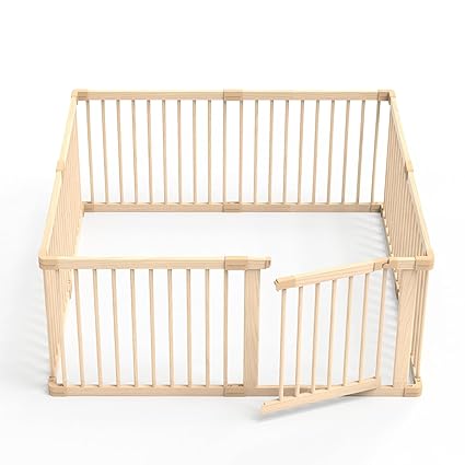 Wooden Baby Playpen, Foldable Large Size Wood Playpen 8 Panels, Adjustable Baby Playard for Babies and Toddlers with Safety Locking Gate, 57"x57"x24"