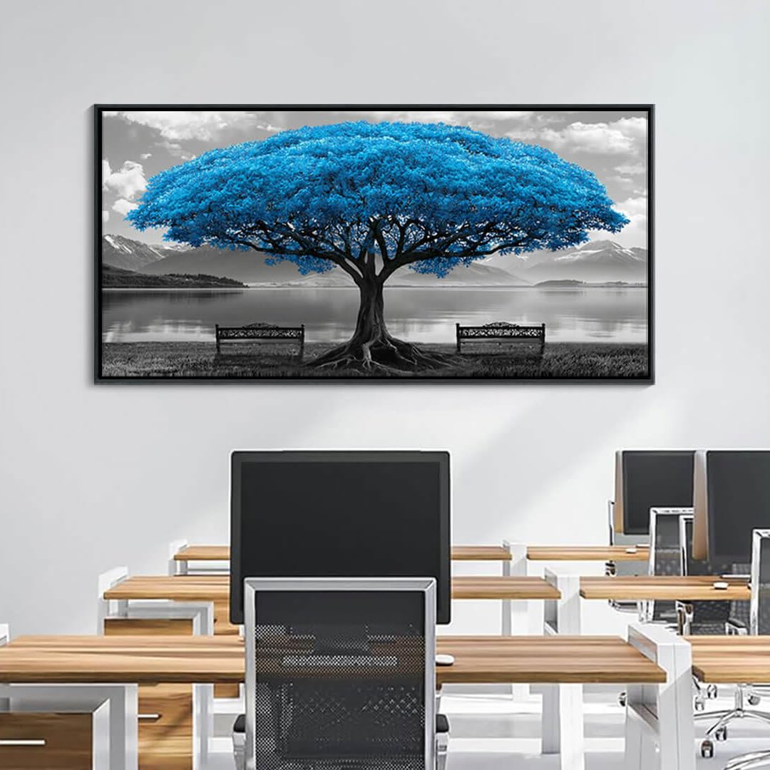 Blue Tree Framed Canvas Wall Art Large Living Room Bedroom Decor