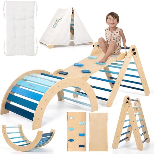 Pikler Triangle Set with Cushion, 8-in-1 Toddler Climbing Toys Indoor