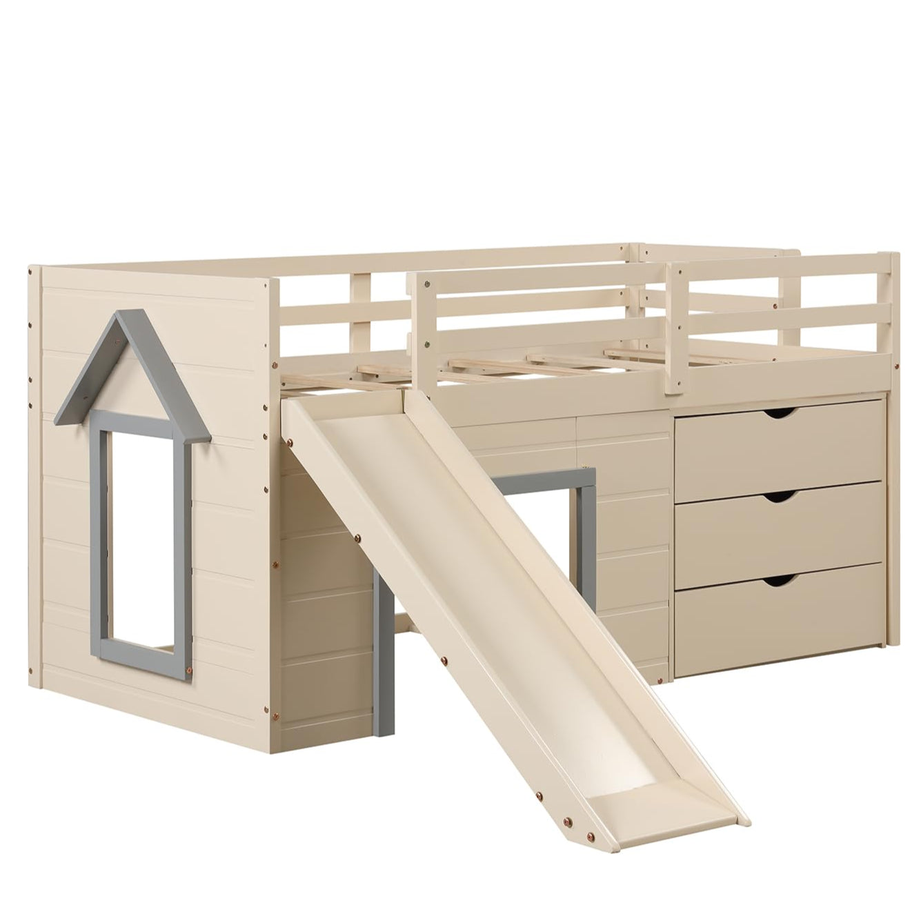 Twin Low Loft Bed with Slide, Solid Wood Twin Loft Bed with Ladder