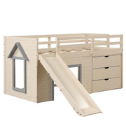 Twin Low Loft Bed with Slide, Solid Wood Twin Loft Bed with Ladder