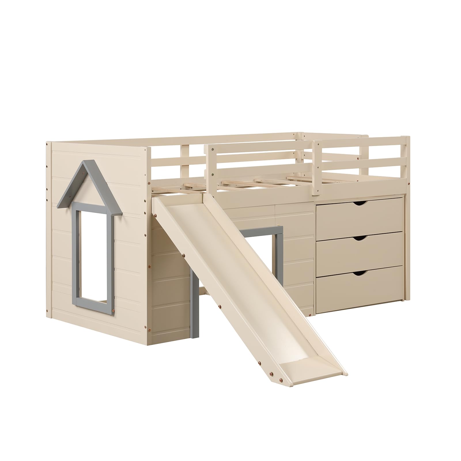 Twin Low Loft Bed with Slide and Storage Drawers