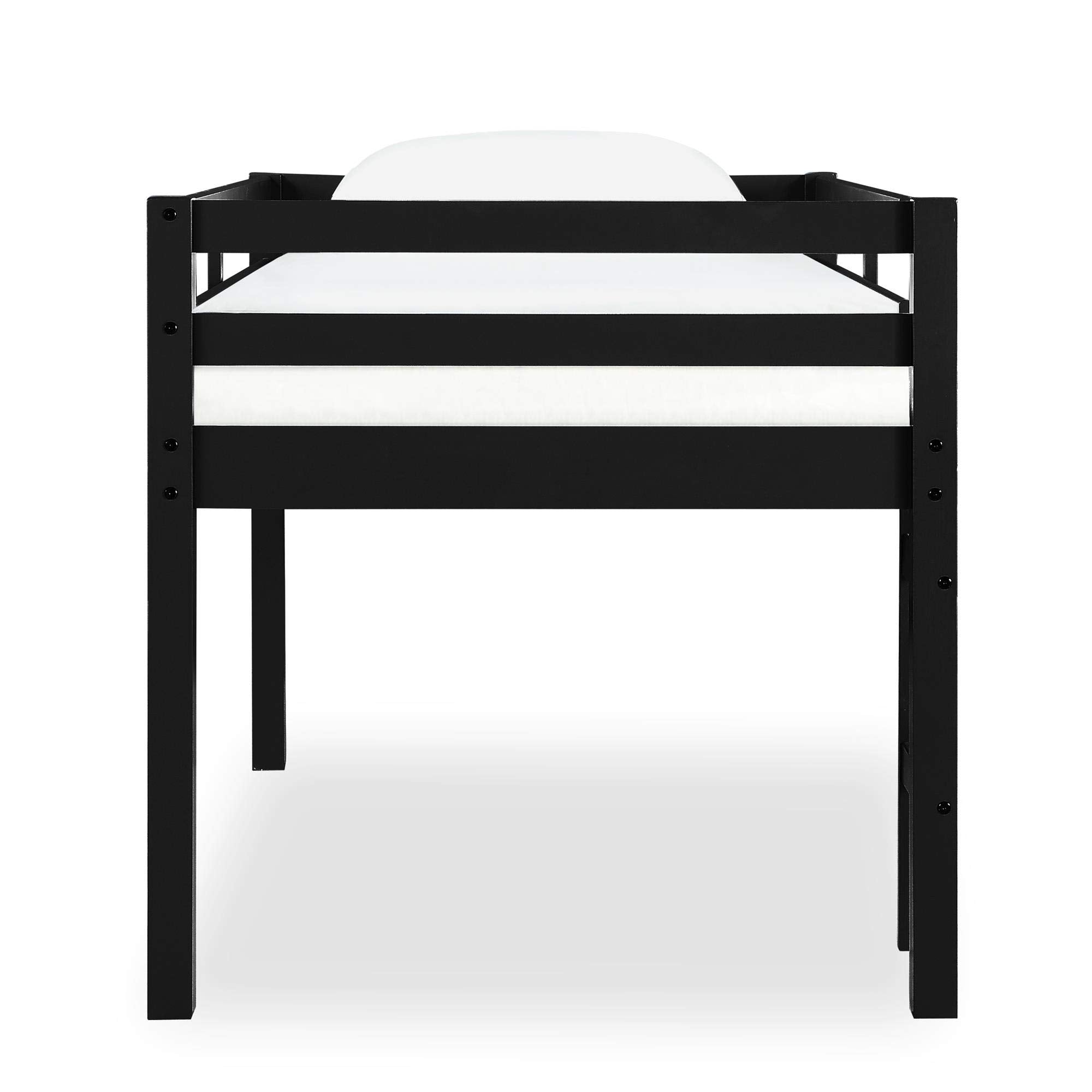 Milton Twin Loft Bed with Safety Guard Rail, Black, Space Saving Junior Size, Pine Wood