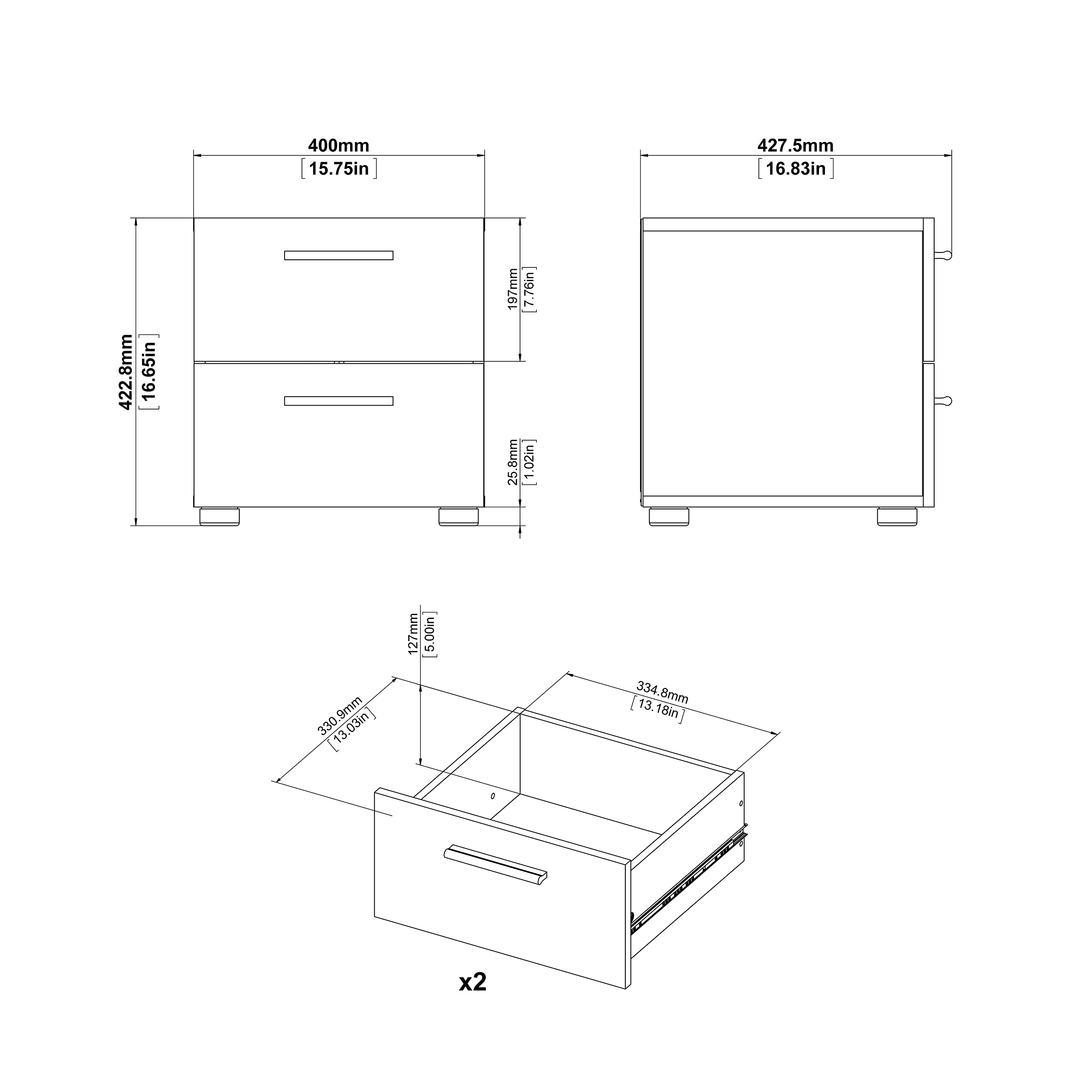 2 Drawer Nightstand with Modern Silver Handles