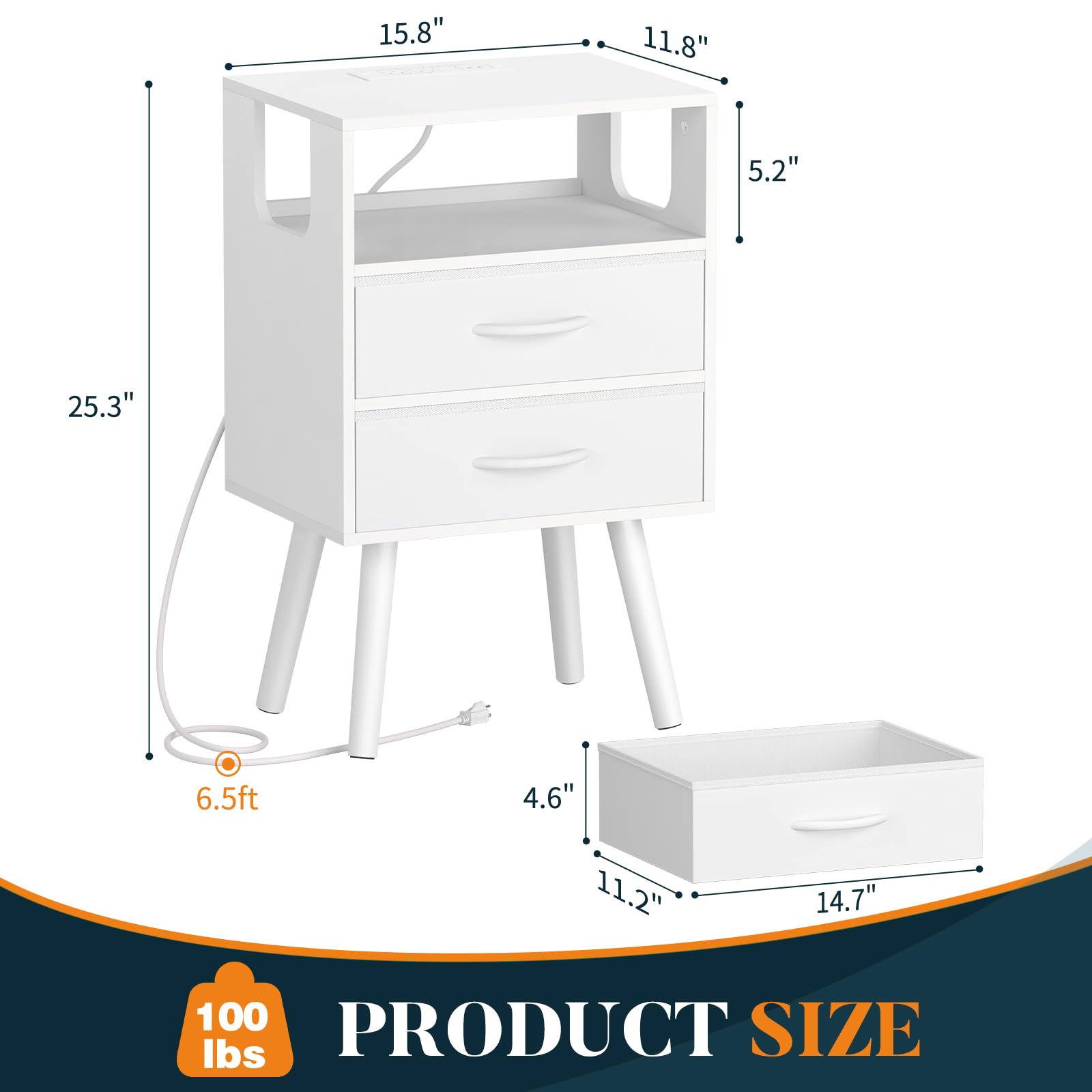 LED Nightstand with Charging Station and Fabric Drawers