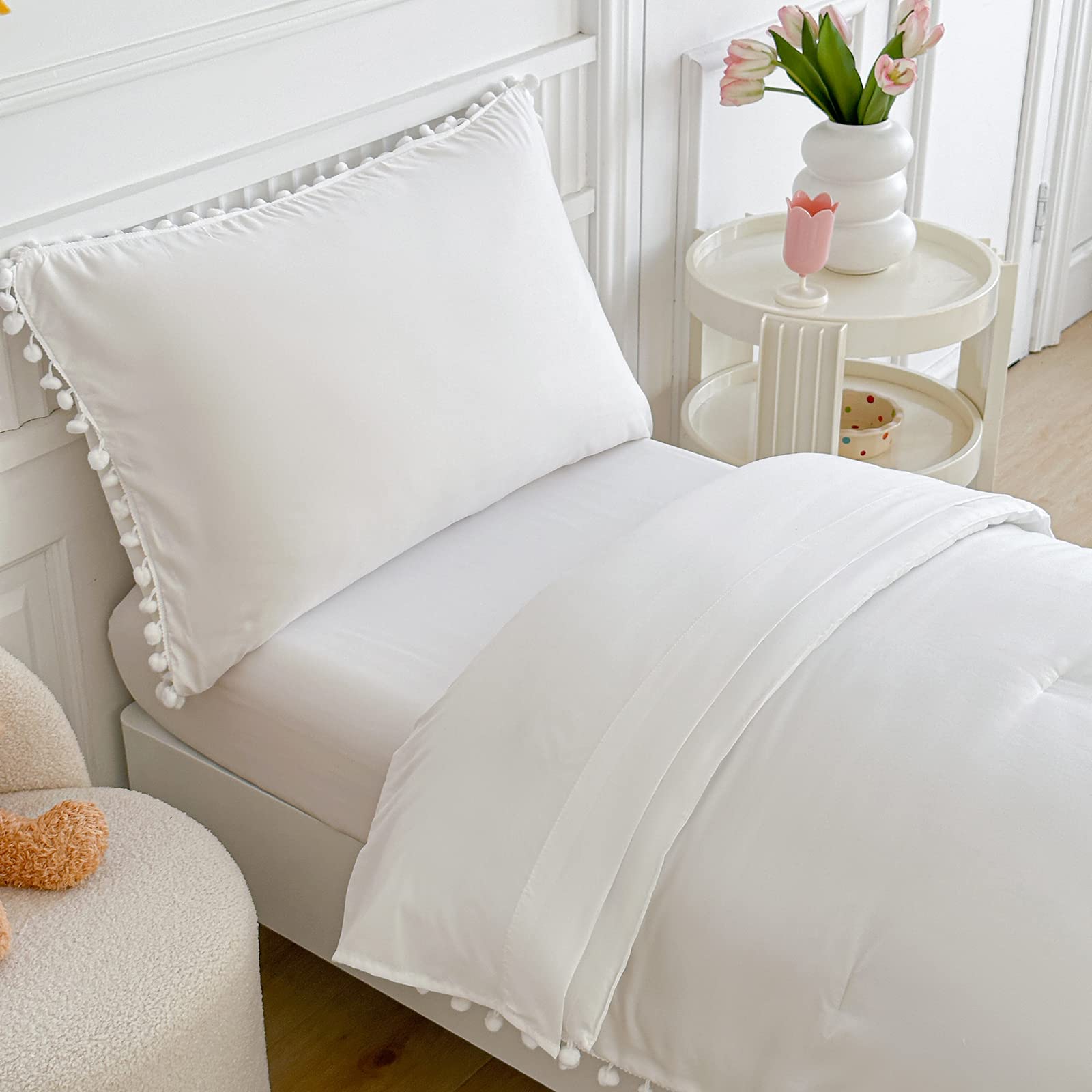 Toddler Bedding Set 4 Piece Boho Pom Pom Fringe White