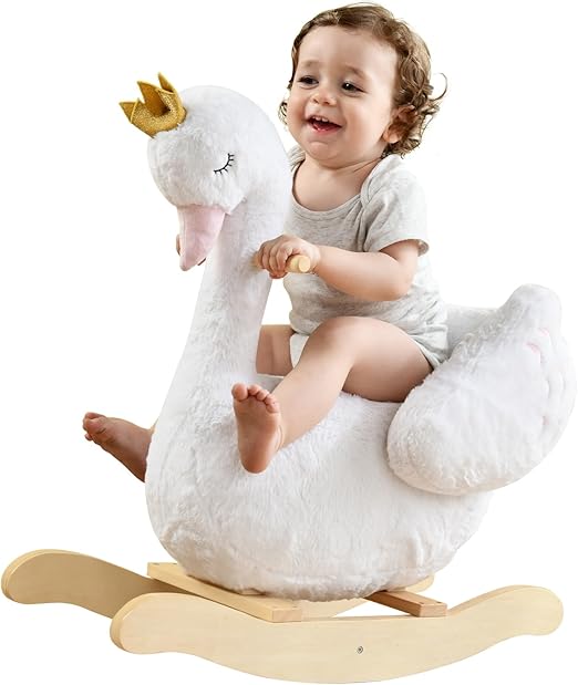 Kids Rocking Horse White Swan with Little Plush Doll Toys