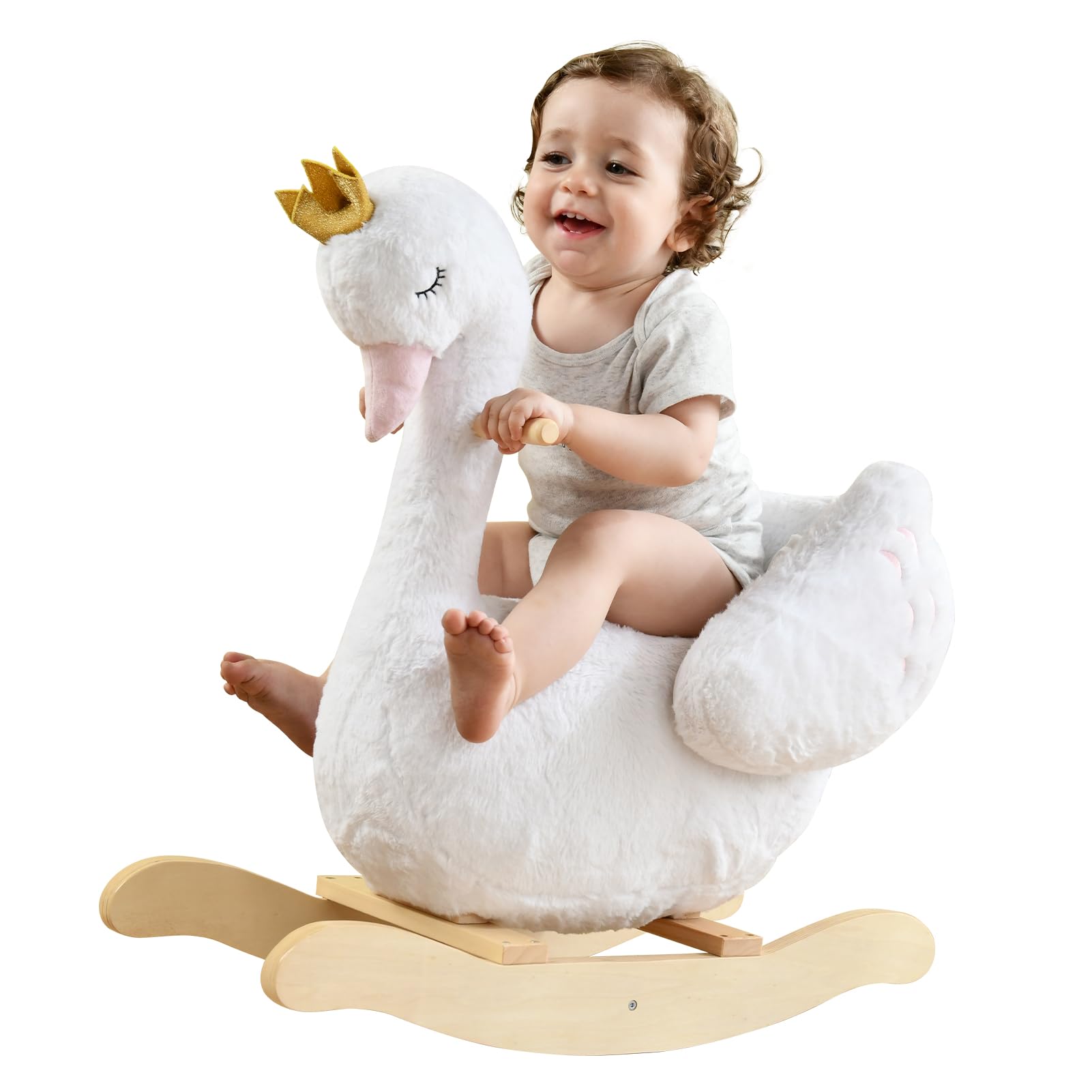 Kids Rocking Horse White Swan, Stuffed Animal Wooden Rocker for Children 6 Months
