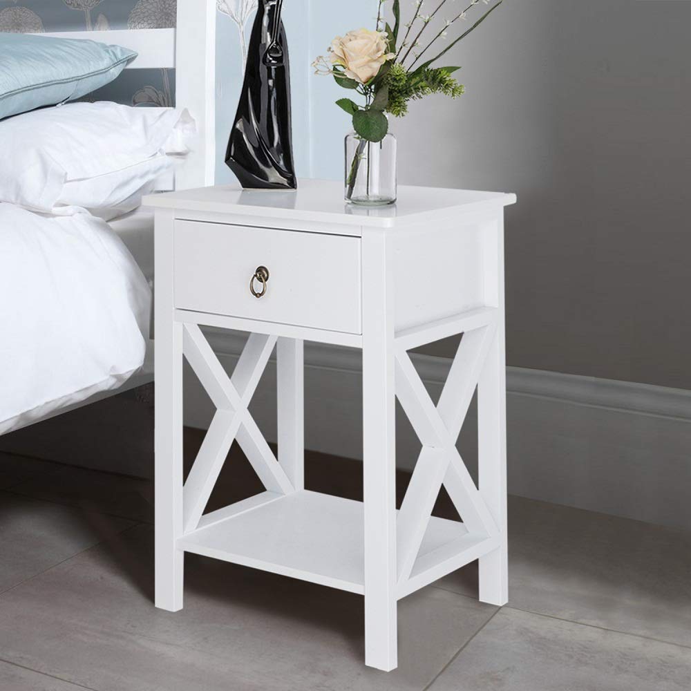 White Nightstand, Small Nightstand with Drawer & Shelf