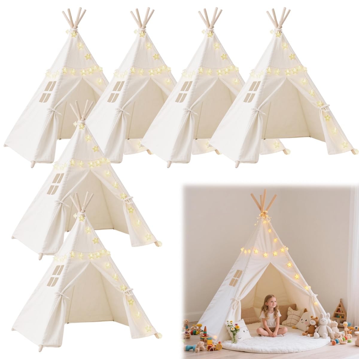 6 Pack Teepee Tent for Kids,Collapsible Kids Teepee Tent with 10 Ft String