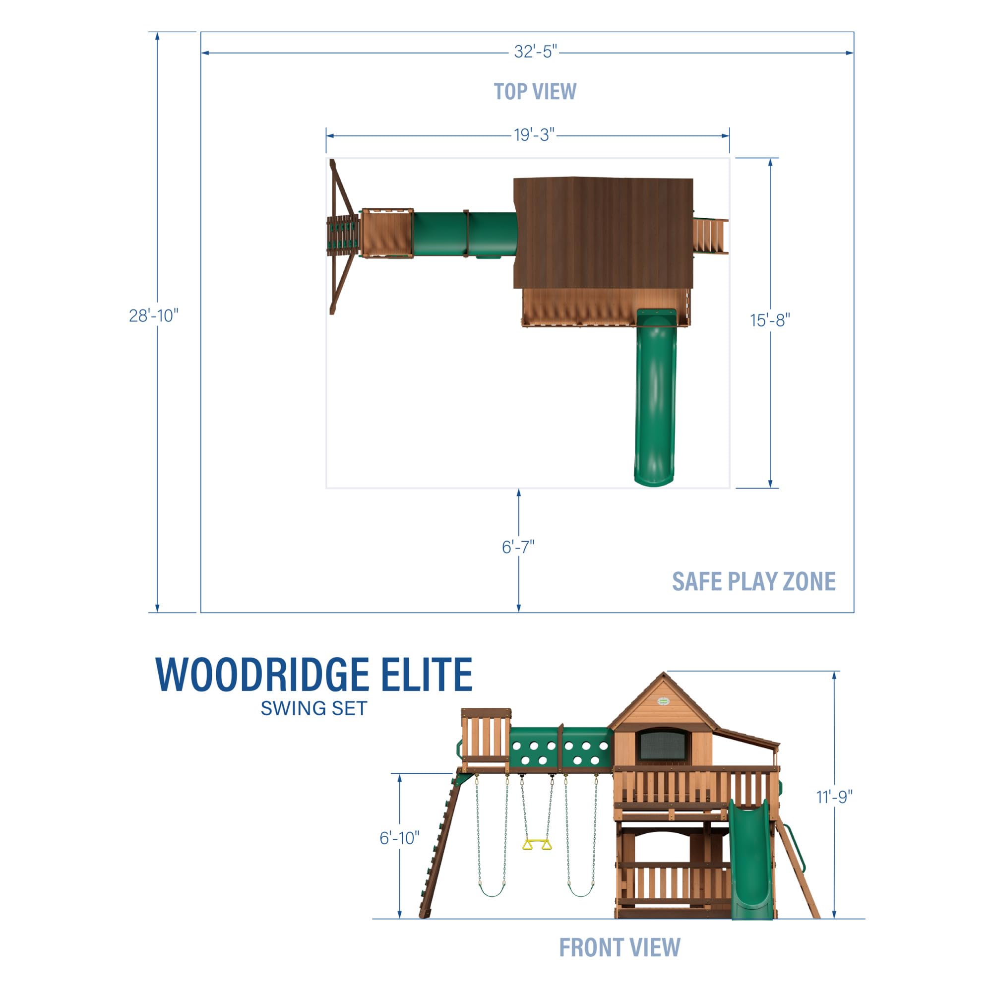 Cedar Wood Swing Set with Clubhouse, Wave Slide, and Rock Wall - Outdoor Playset