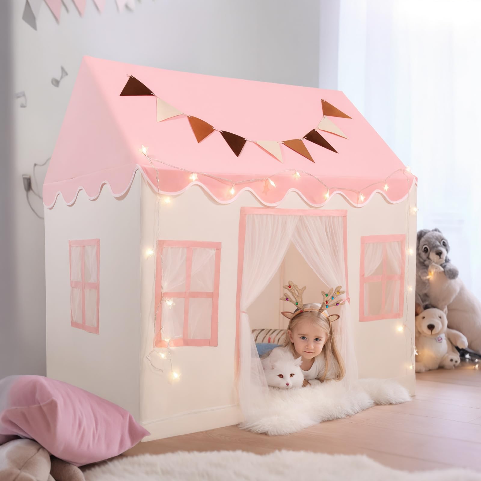 Hopeseily Kids Play Tent with Non-Slip Mat, Star String, Decorating Flag, Machine Washable Large Playhouse, Indoor and Outdoor Play Tent for Kids, Pink, 47" x 40" x 52"