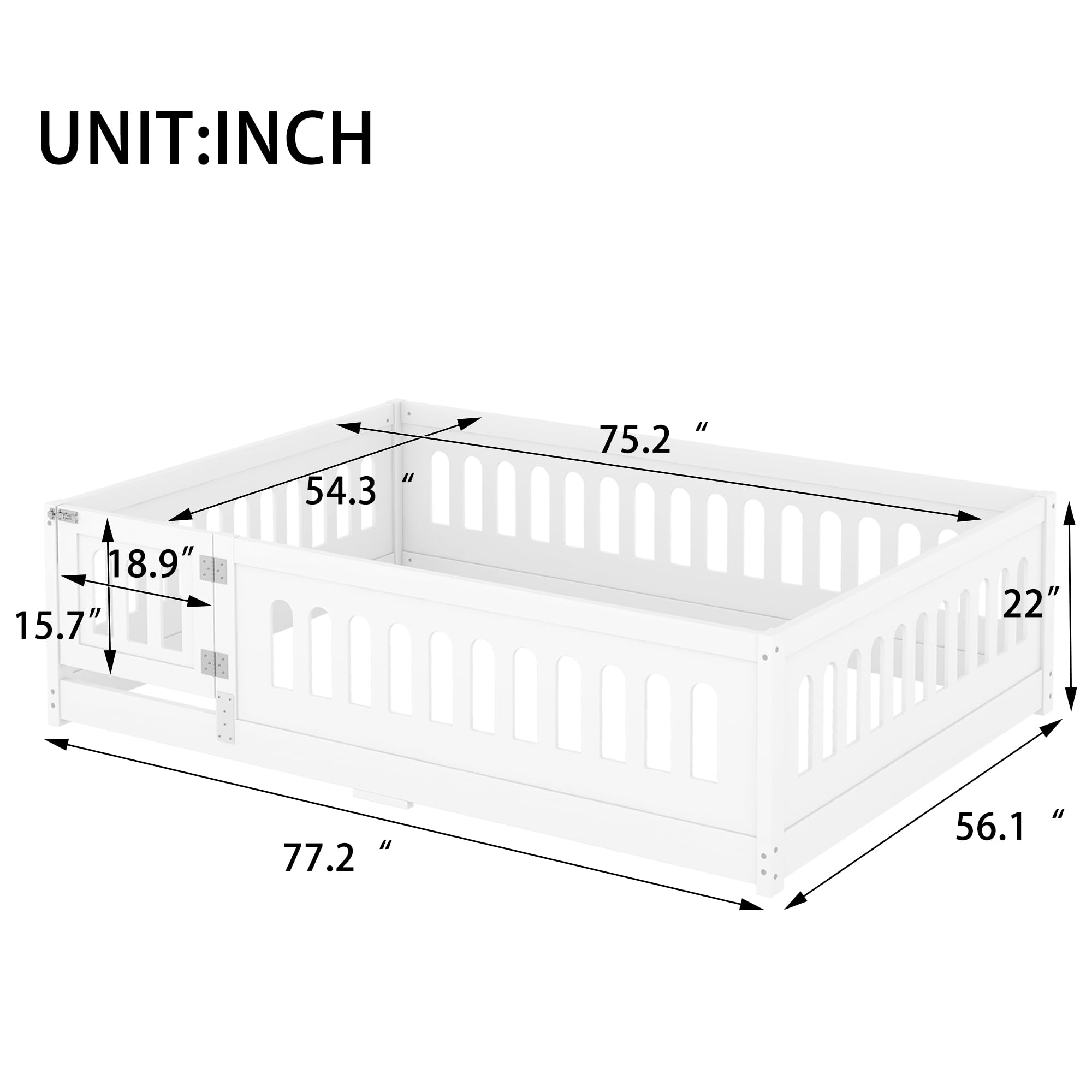 Full Size Montessori Floor Bed with High Fence and Door