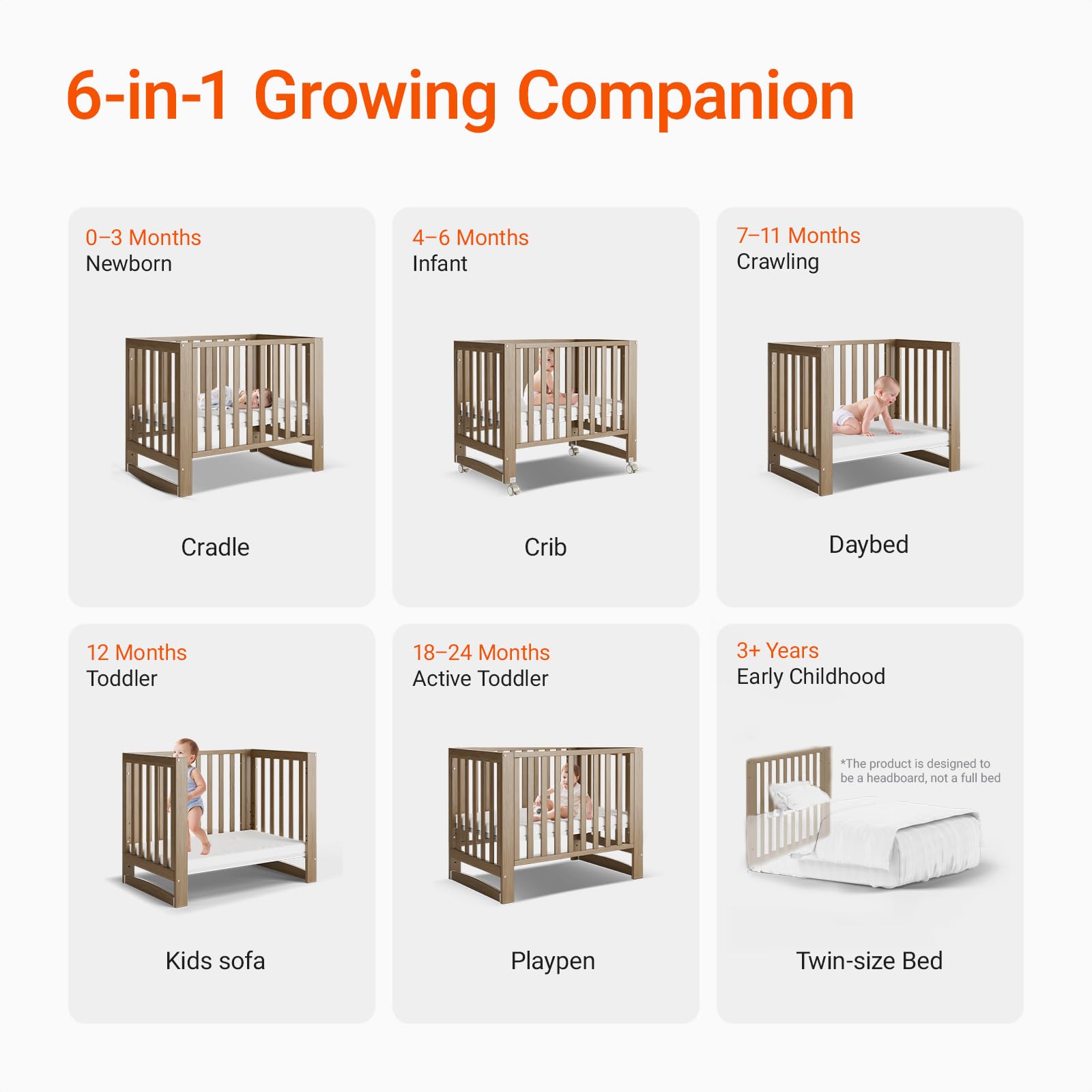 6-in-1 Convertible Baby Crib with Wheels and Adjustable Height
