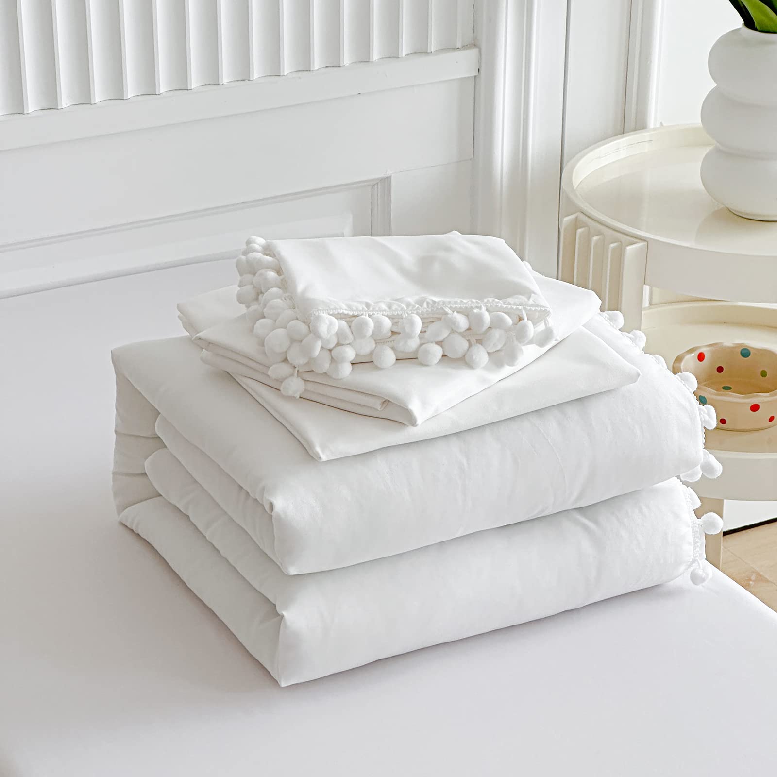 Toddler Bedding Set 4 Piece Boho Pom Pom Fringe White