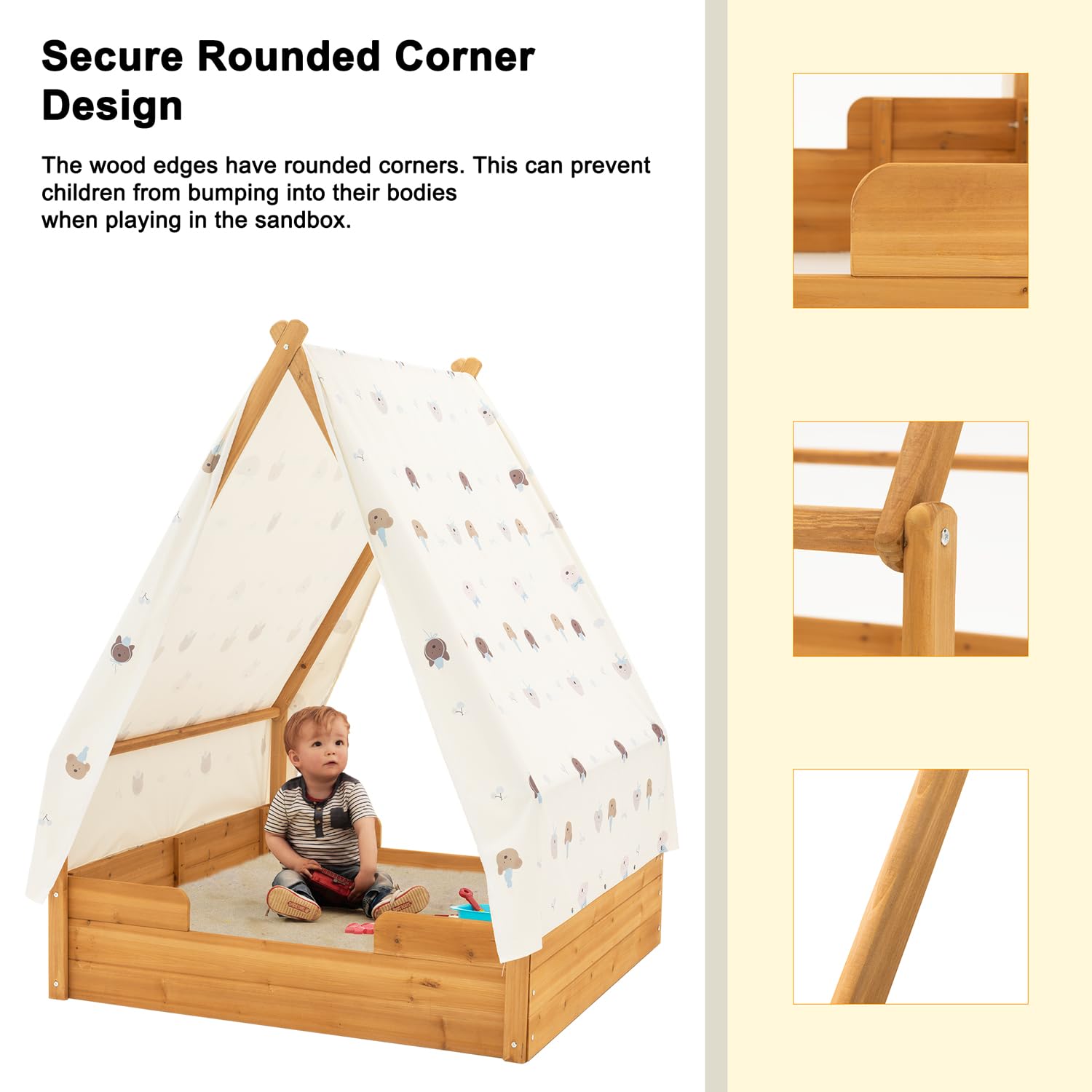 BIRASIL Triangular Wooden Sandbox with Canopy for Aged 3-8 Years Old, Sand Boxes for Backyard Garden, Sand Pit for Beach Patio Outdoor,Indoor and Outdoor Triangular Play Tent