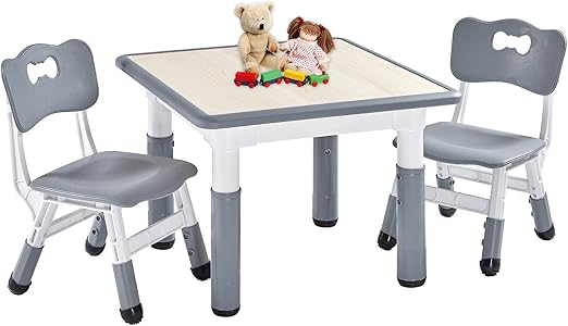 Table and 2 Chairs Set for Ages 3-8, Height Adjustable Toddler Table