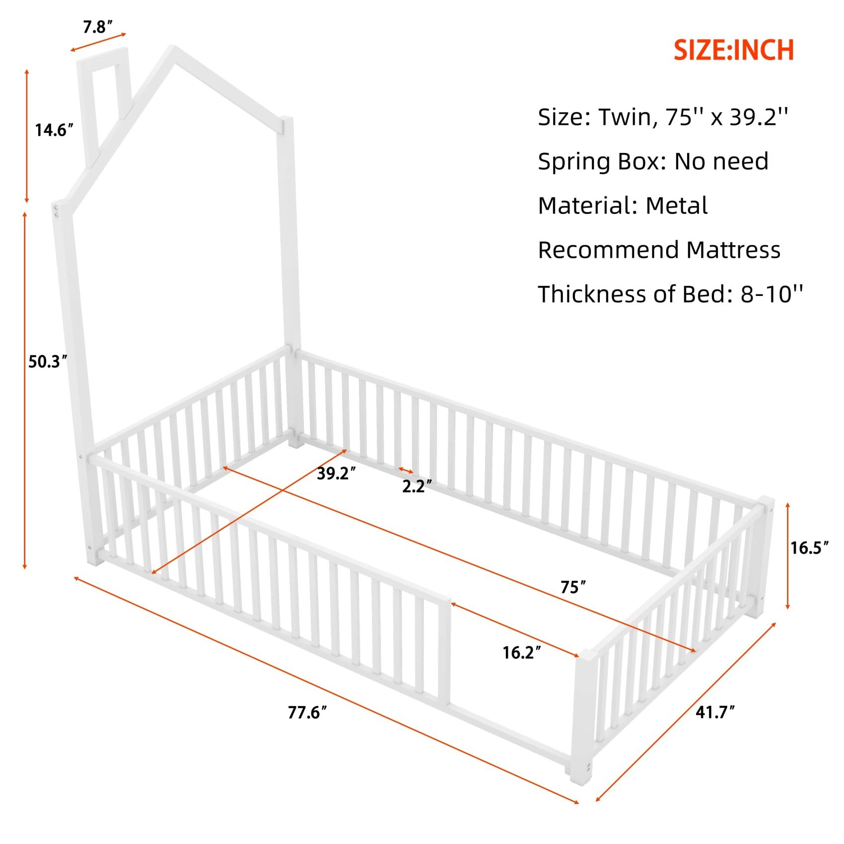 Metal House-Shaped Floor Bed Frame with Safety Guardrails