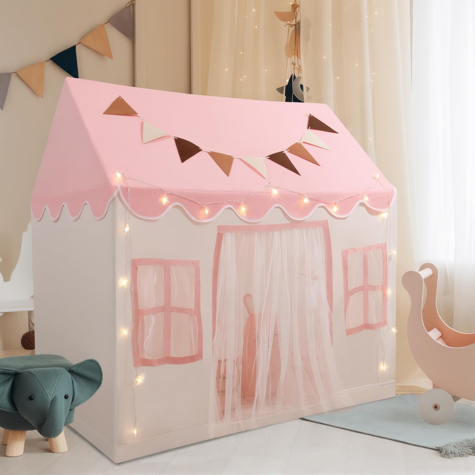 Hopeseily Kids Play Tent with Non-Slip Mat, Star String, Decorating Flag, Machine Washable Large Playhouse, Indoor and Outdoor Play Tent for Kids, Pink, 47" x 40" x 52"