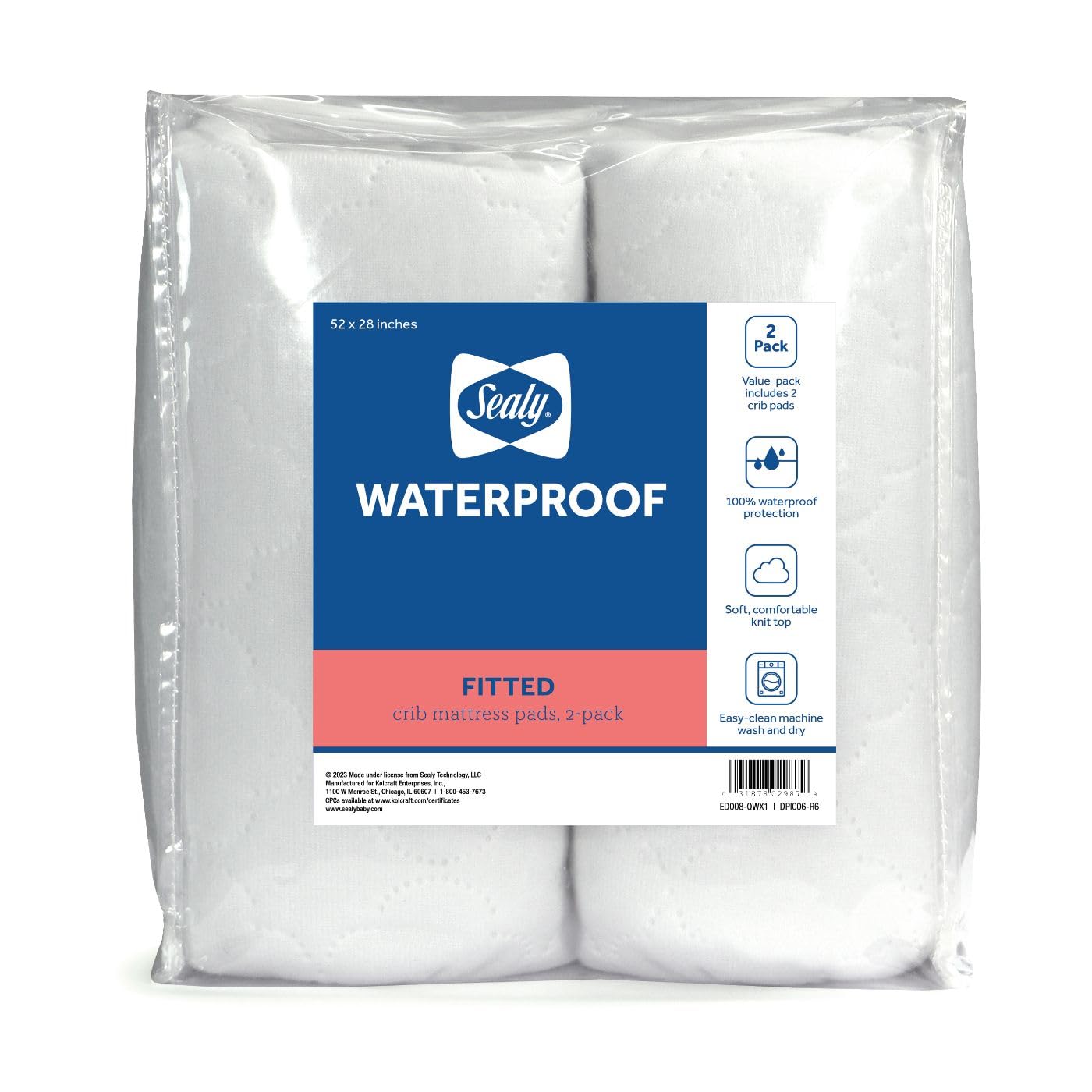 Sealy Baby 2-PACK Fitted Waterproof Infant Crib Mattress Protector Pad and Toddler Bed Cover, Durable and Comfortable Topper, Machine Washable and Dryer Friendly, 52x28”- White