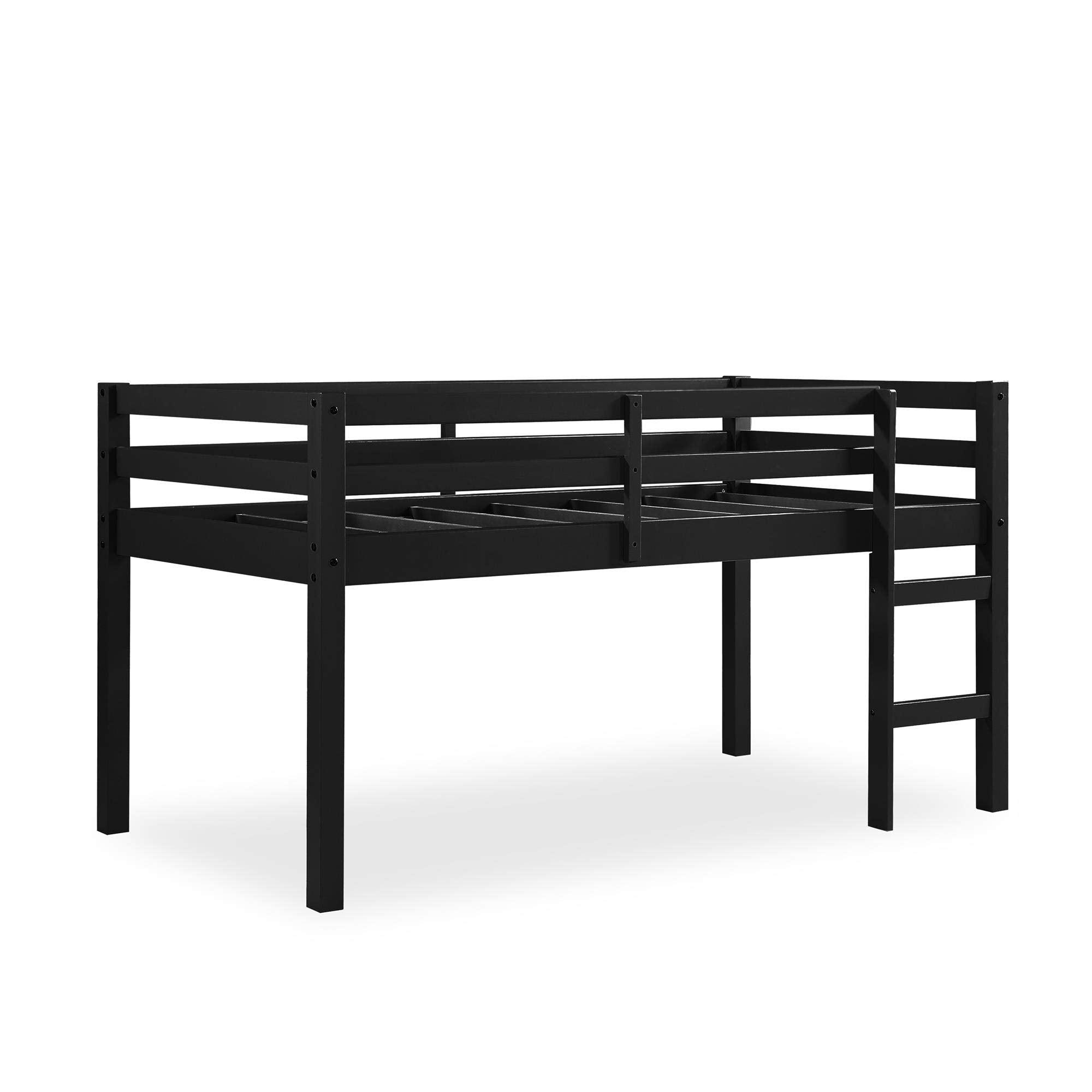 Milton Twin Loft Bed with Safety Guard Rail, Black, Space Saving Junior Size, Pine Wood