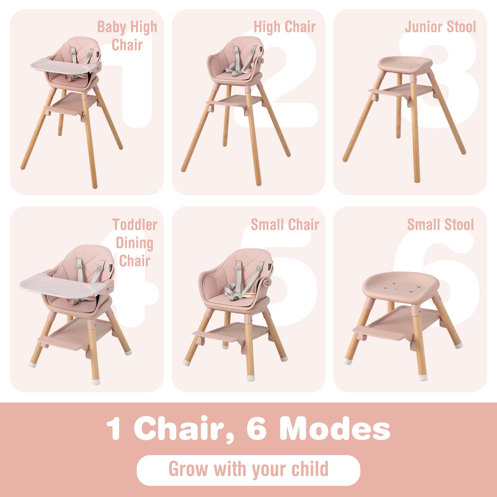 6-in-1 Convertible Wooden Baby High Chair with Adjustable Legs and Removable Tray