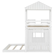Twin Over Full Bunk Bed Frame, Solid Wood House Bunk Bed with Roof