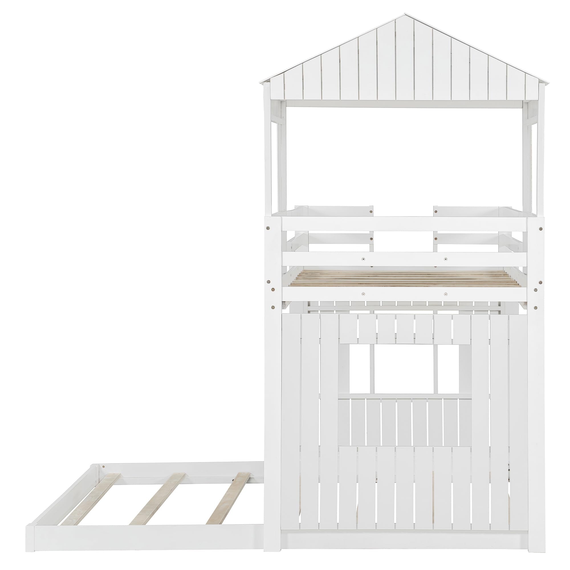 Twin Over Full Bunk Bed Frame, Solid Wood House Bunk Bed with Roof