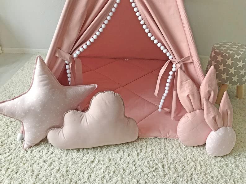 Kids Teepee Tent with White Pom Pom - Indoor Play Teepee