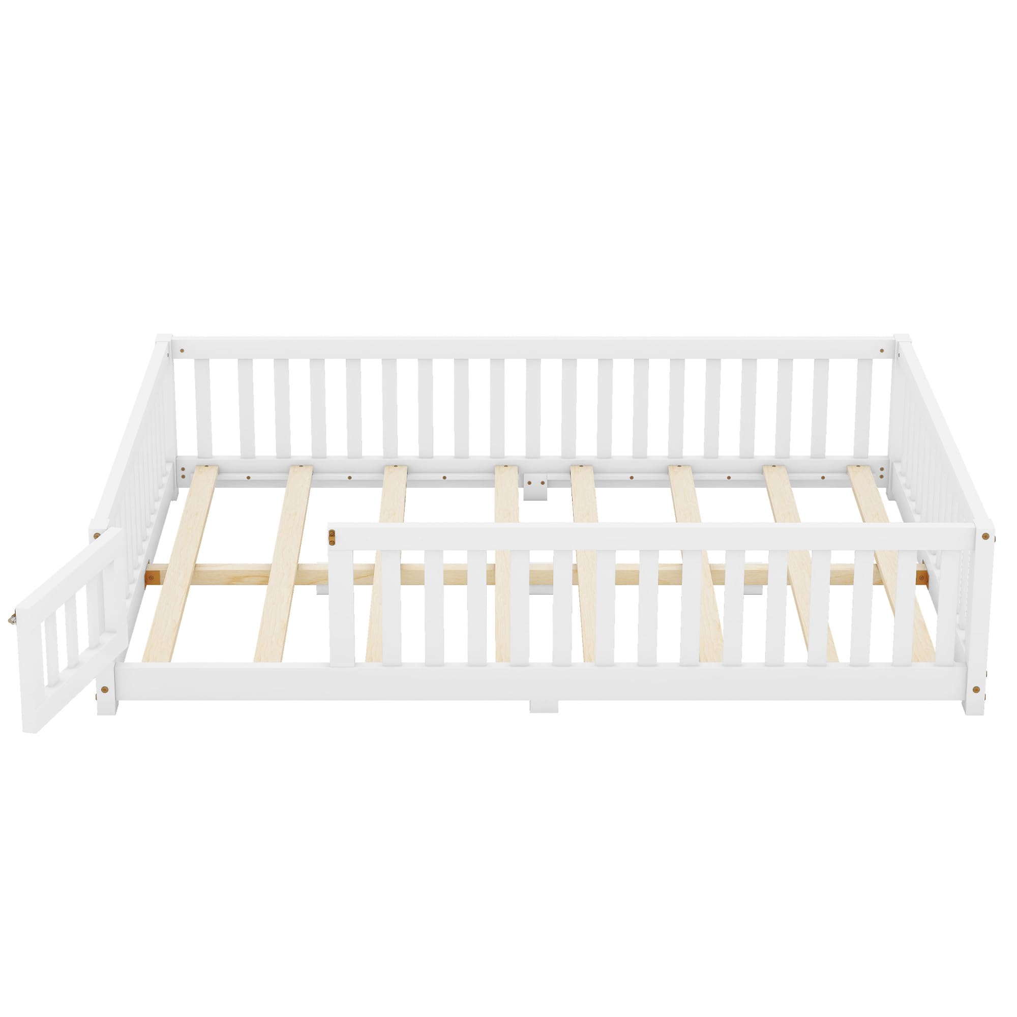 Full Size Montessori Floor Bed with Fence and Door