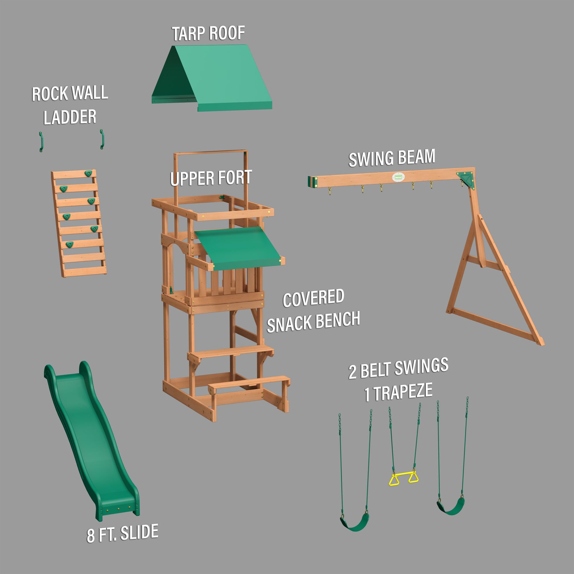 Cedar Wood Swing Set with Wave Slide and Rock Wall