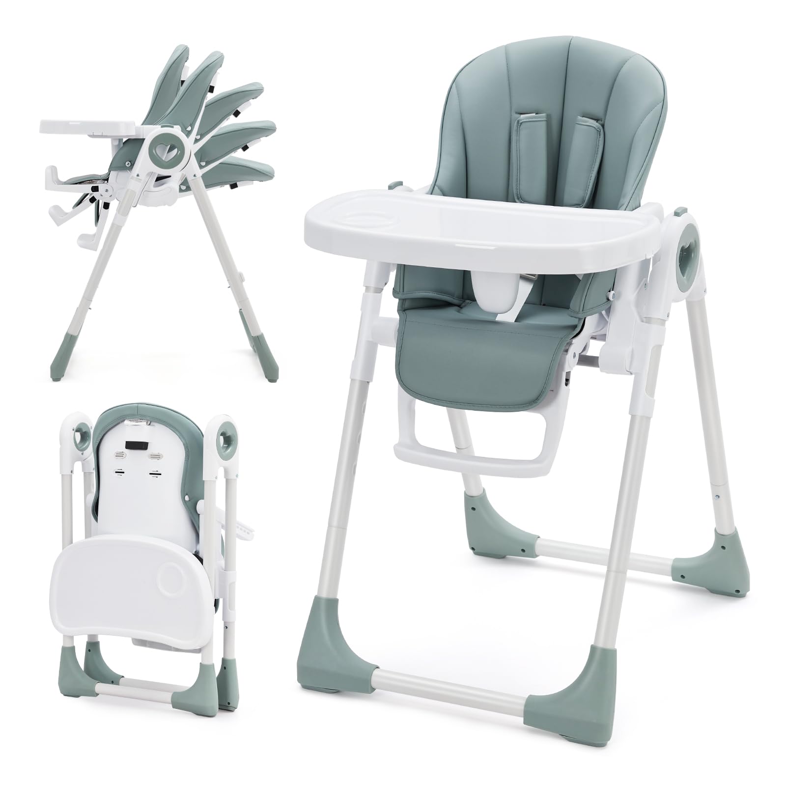Foldable Baby High Chair with Adjustable Height and Removable Double Tray
