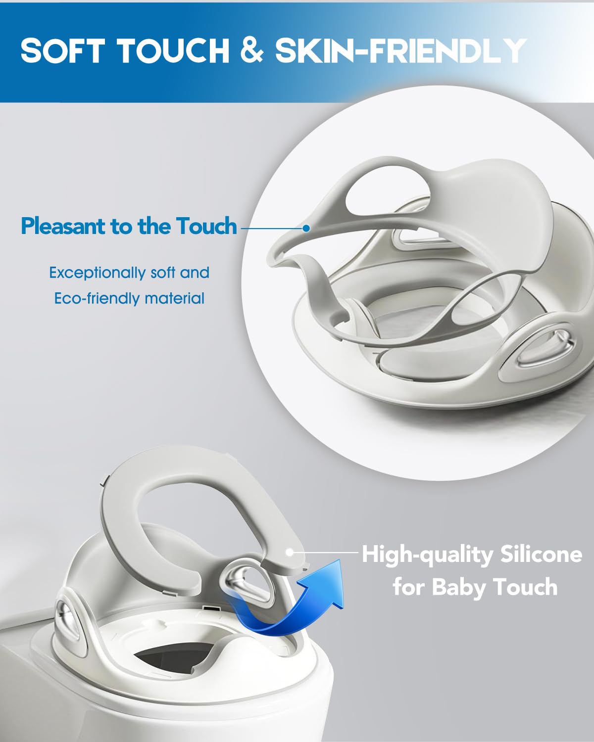 Youocomu Potty Training Toilet Seat, Toddler Toilet Seat Attachment with Safety Handles, Detachable Soft Cushion, Anti-Slip Design and Splash Guard, Baby Toilet Seats for Kids, Boys and Girls (Grey)