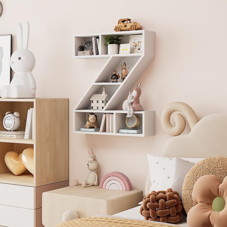 White Wooden Letter Z Floating Wall Shelf for Kids Room