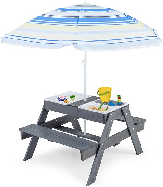 Kids Picnic Table, 4 in 1 Cedar Wooden Sand & Water Table w/ 3 Removable Box & Umbrella