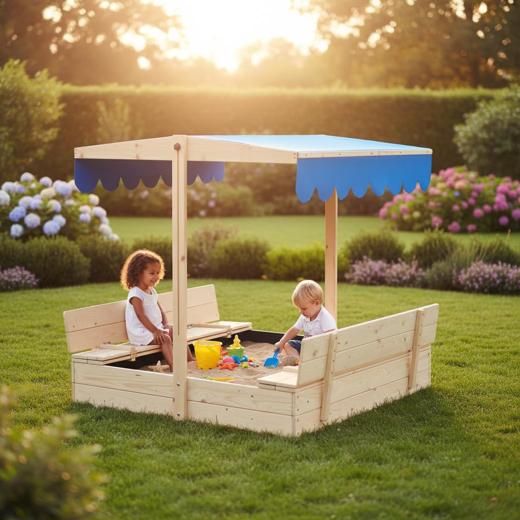 Wooden Sandbox with Canopy and Bench Seats