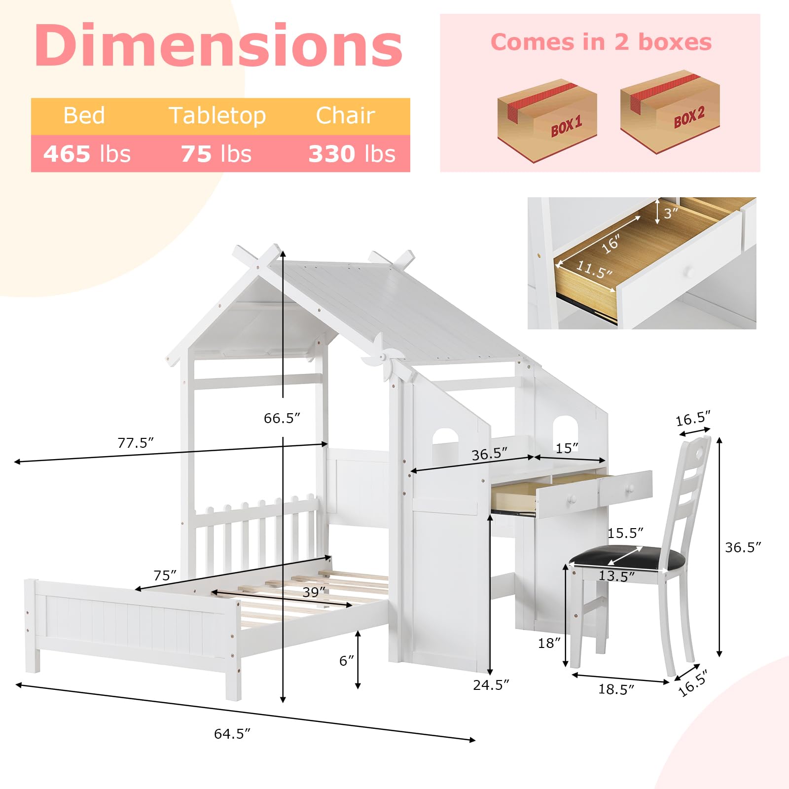 Giantex Twin House Bed with Desk & Chair, Wood Kids Playhouse Bed with 2 Drawers, Windmill, Fence & Headboard, Twin House Bed for Kids Teens, No Box Spring Needed, White