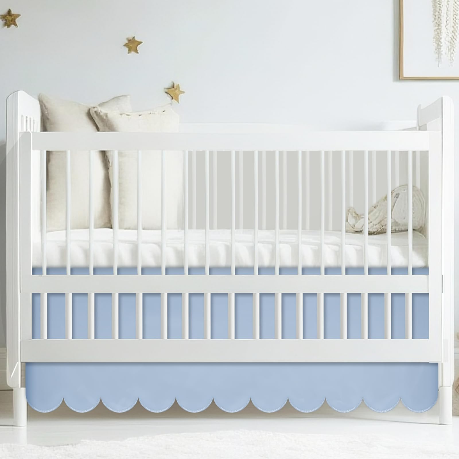Hahafelt Scalloped Crib Skirt 28"x 52" with Drop Pleated Dust Ruffle with Split Corners for Baby Boys Girls Soft 4-Sided Crib Bed Skirt Nursery Standard Toddler Bedding(14" Drop,Blue)