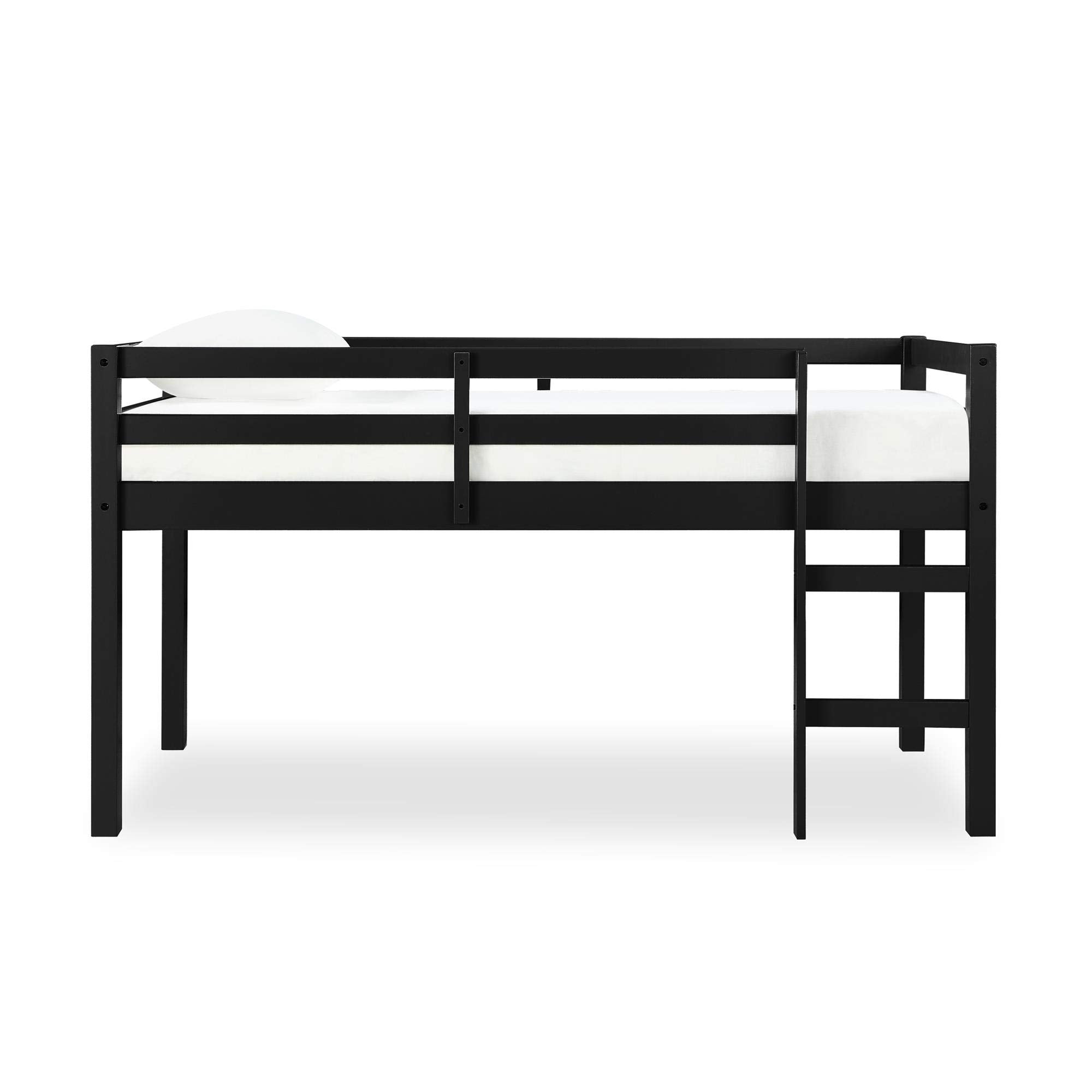 Milton Twin Loft Bed with Safety Guard Rail, Black, Space Saving Junior Size, Pine Wood