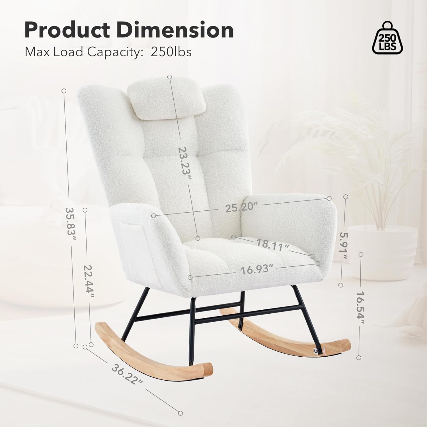 Upholstered Nursery Rocking Chair with High Back and Side Pocket