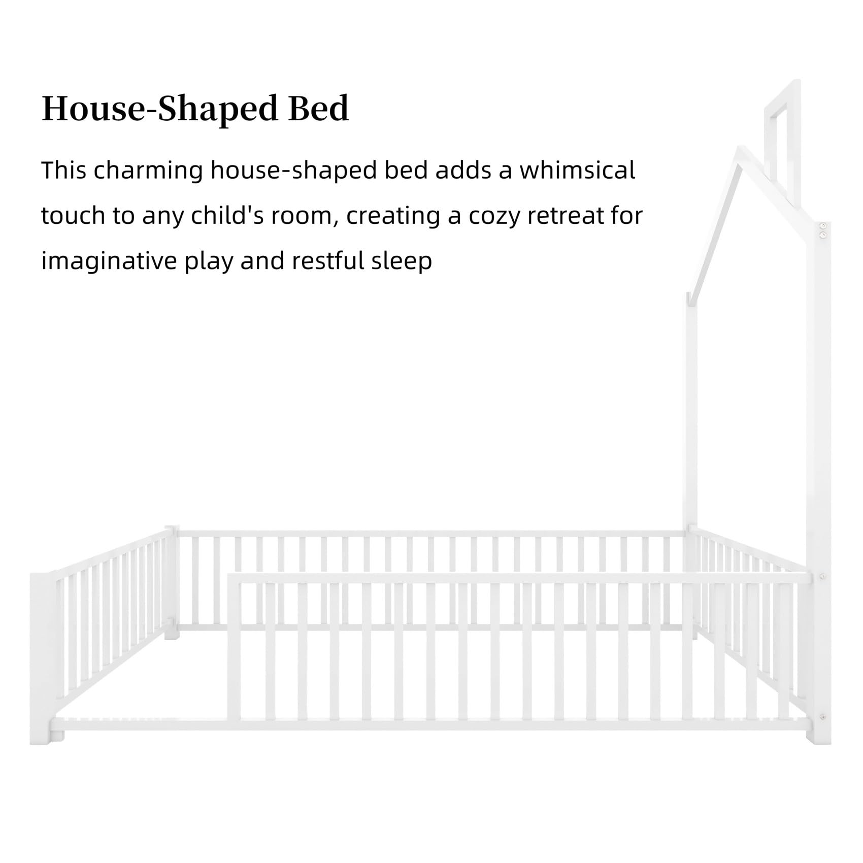 Metal House-Shaped Floor Bed Frame with Safety Guardrails