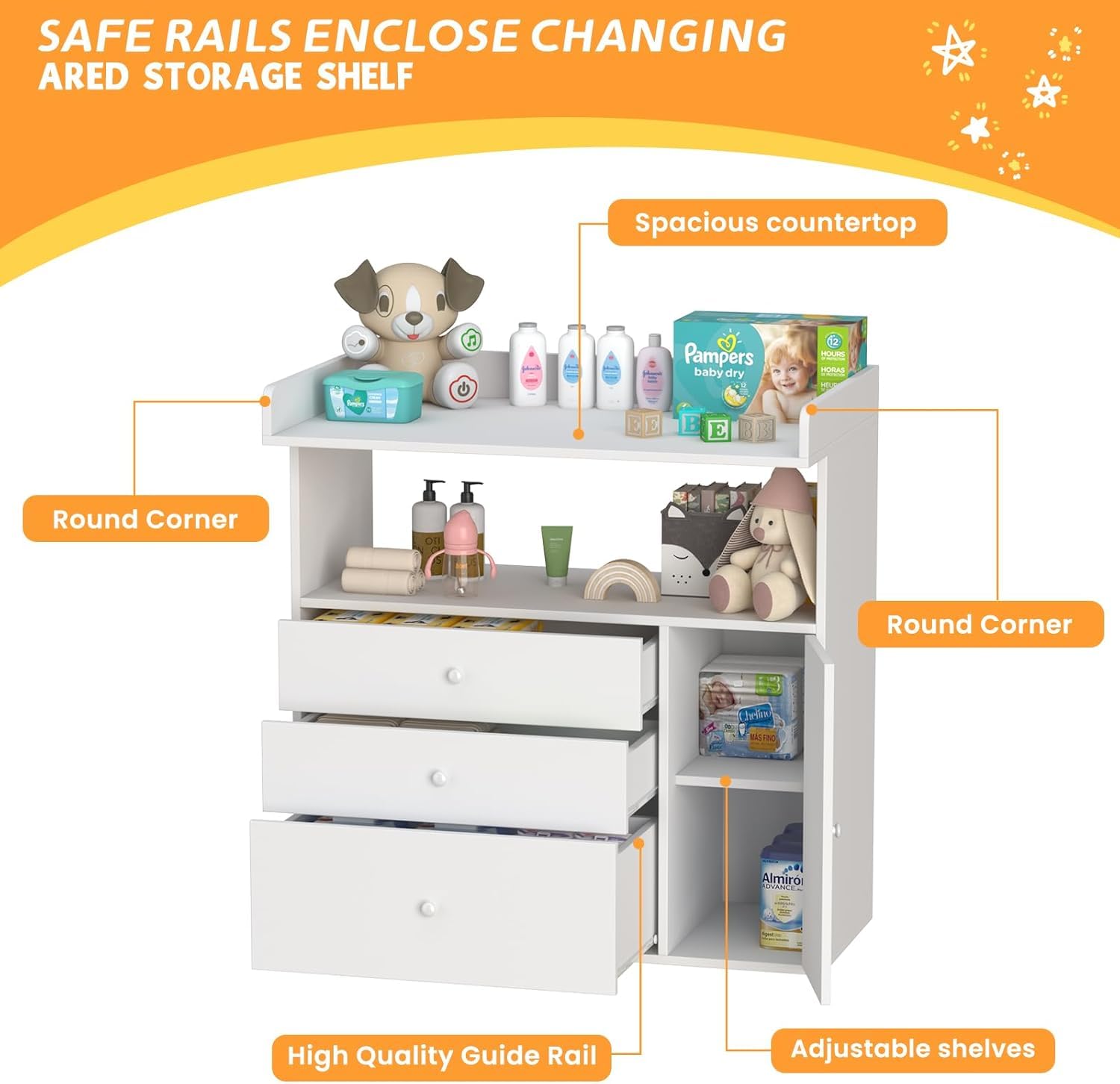 Baby Changing Table Dresser with 3 Drawers and Open Storage