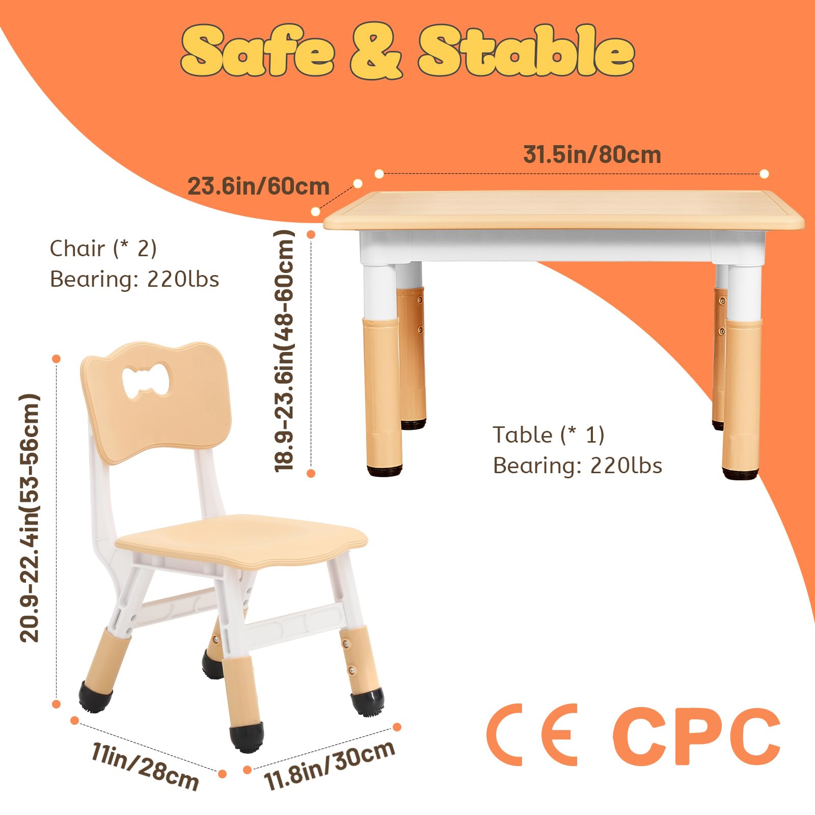 Height Adjustable Kids Table and Chair Set for Ages 3-8