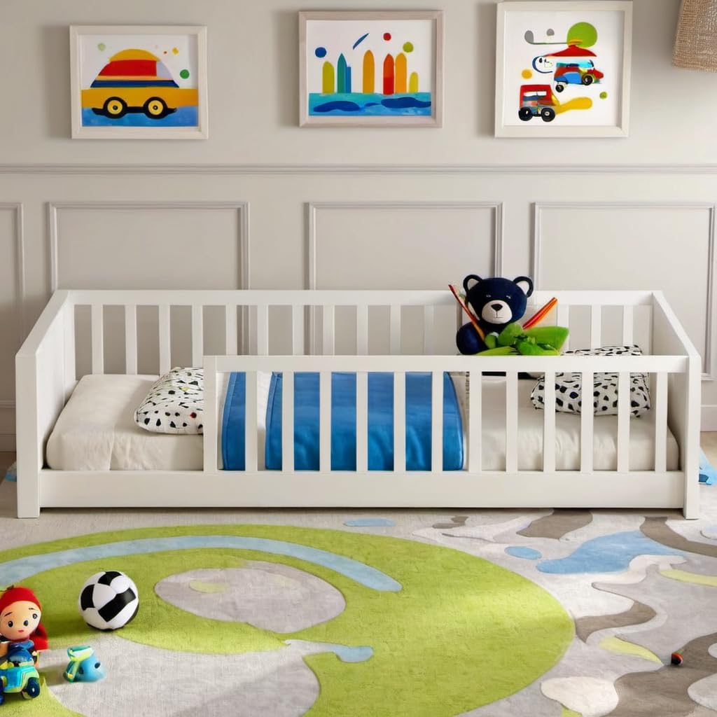 Twin Montessori Floor Bed with Book Storage and Safety Guardrails