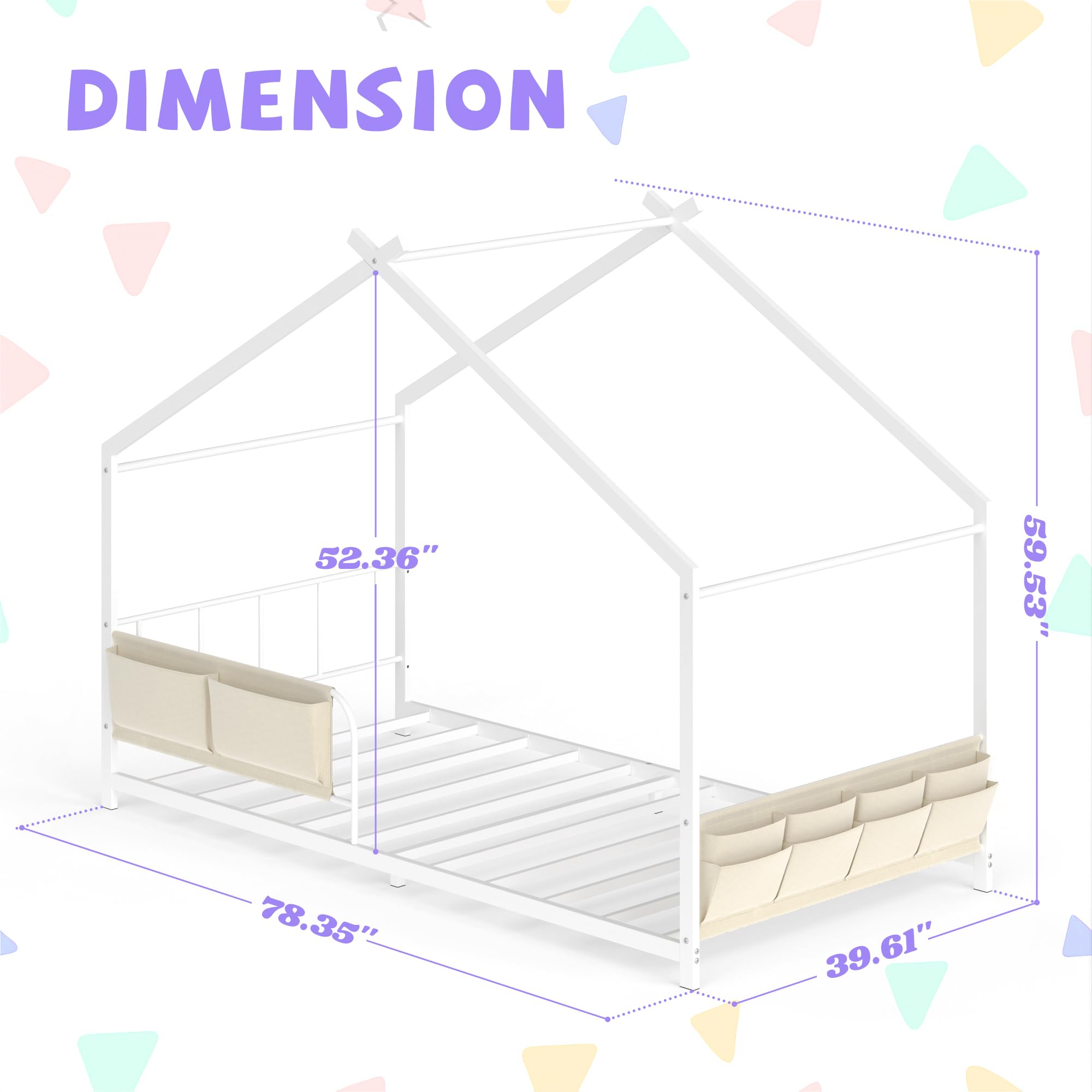 Montessori House Bed Twin Size Metal Floor Bed with Storage