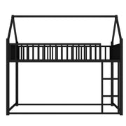 Twin Over Twin House Bed, Metal Floor Bunk Bed with Safety Guardrails and Roof