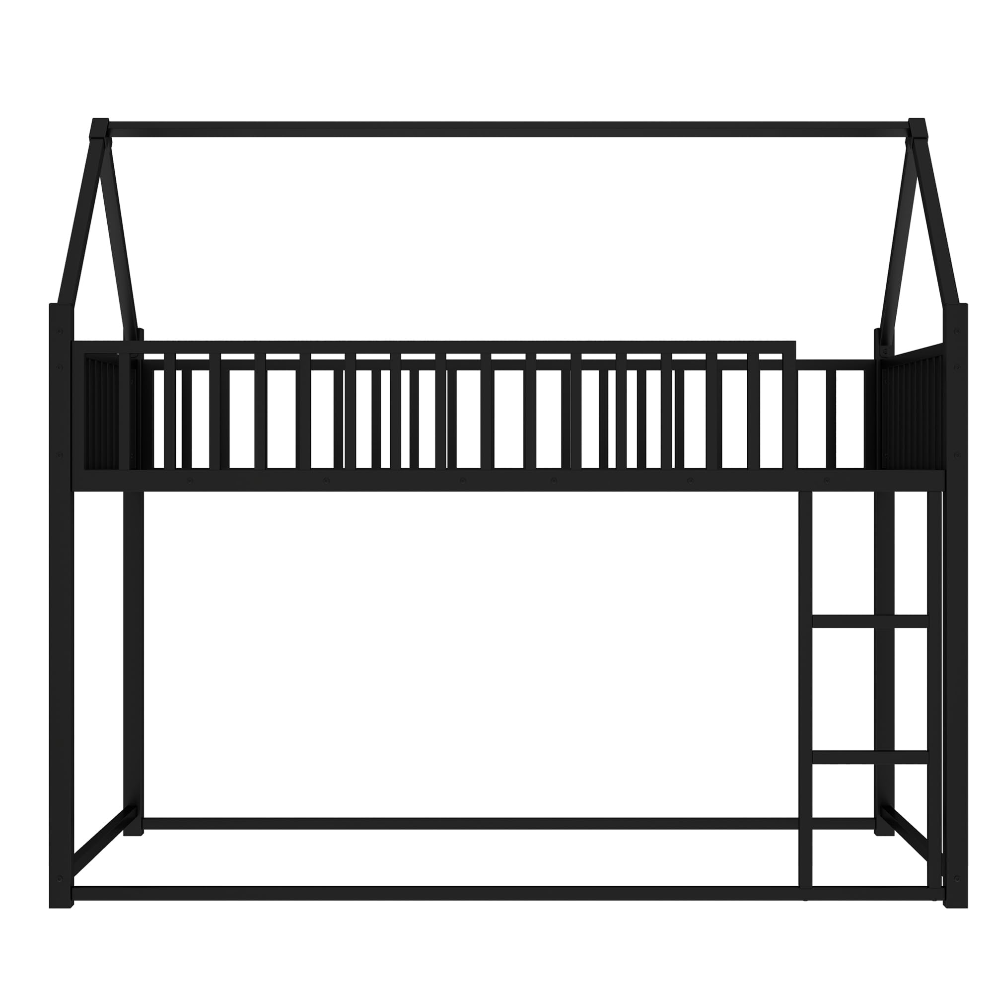 Twin Over Twin House Bed, Metal Floor Bunk Bed with Safety Guardrails and Roof