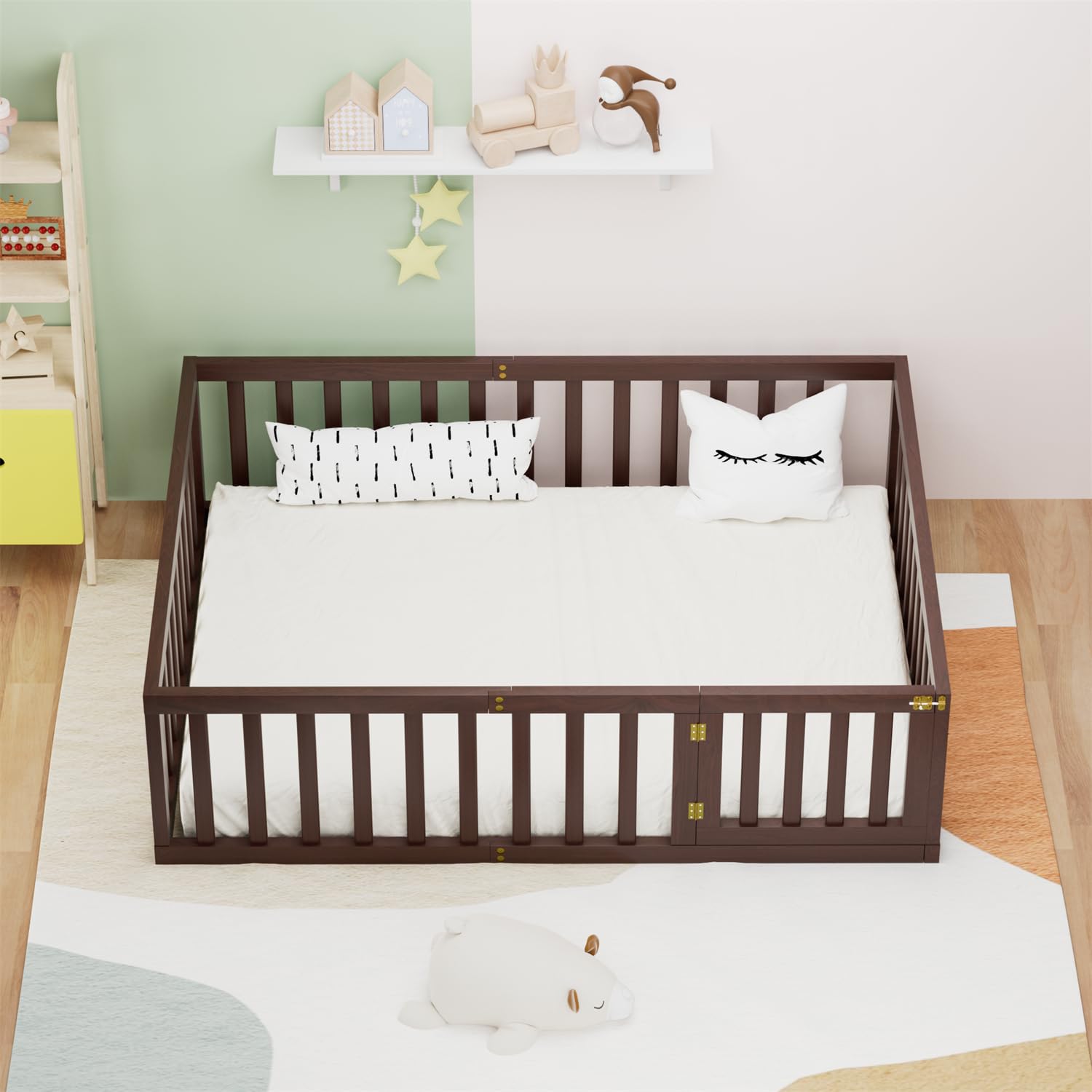 Full Floor Bed for Kids with Door and Safety Guardrails