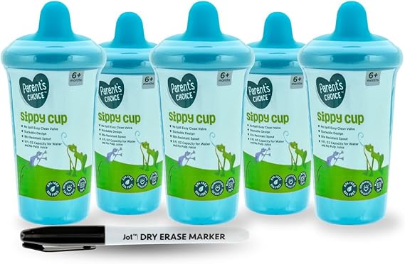5-Pack Colorful Sippy Cups with Dry Erase Marker & Bonus Sticker – Spill-Proof