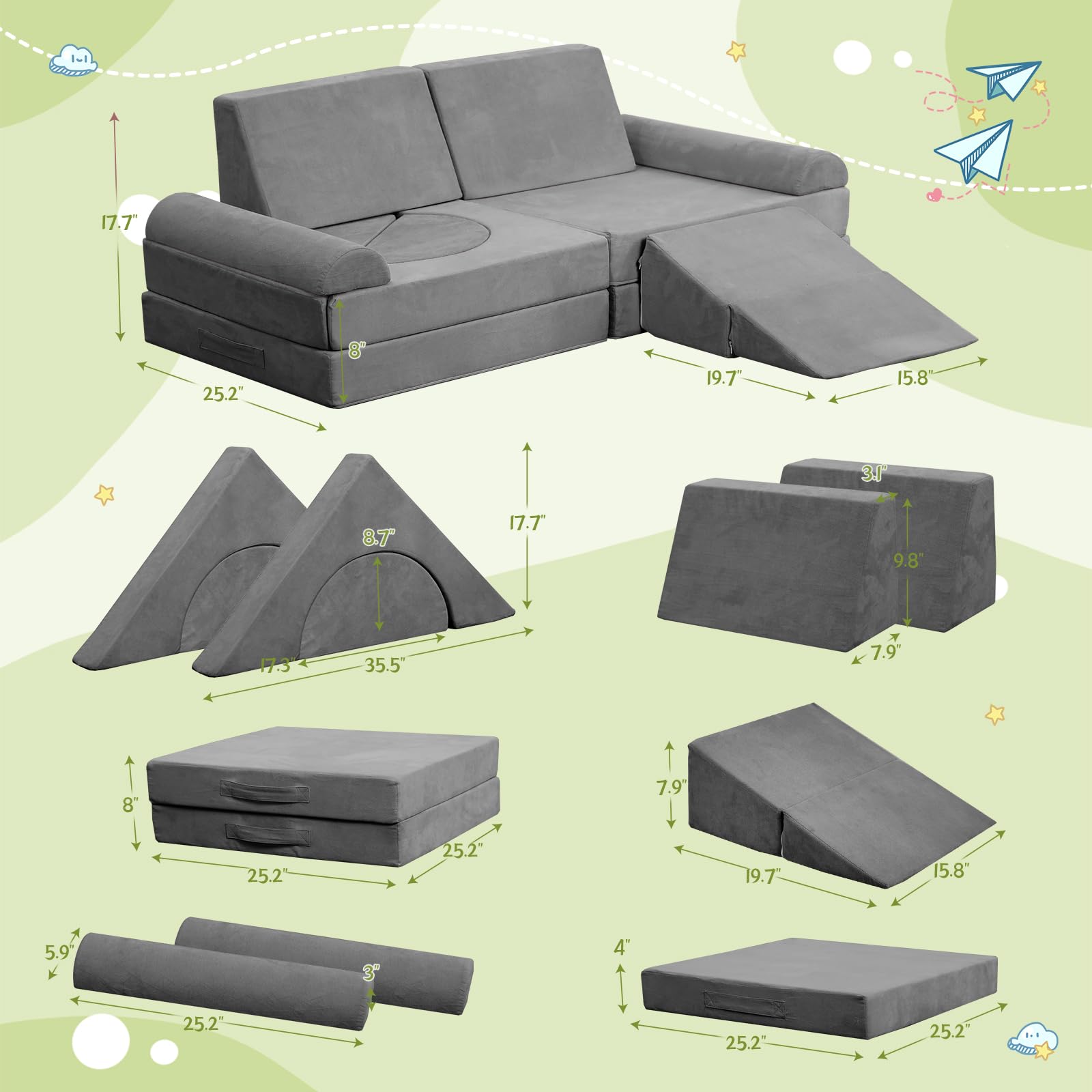 12-Piece Modular Kids Play Couch - Convertible Foam Climbing Sofa